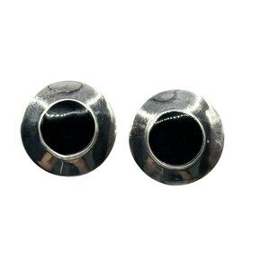 Vintage Sterling Silver Mexico Black Onyx Circle Stud Earrings Statement Unique